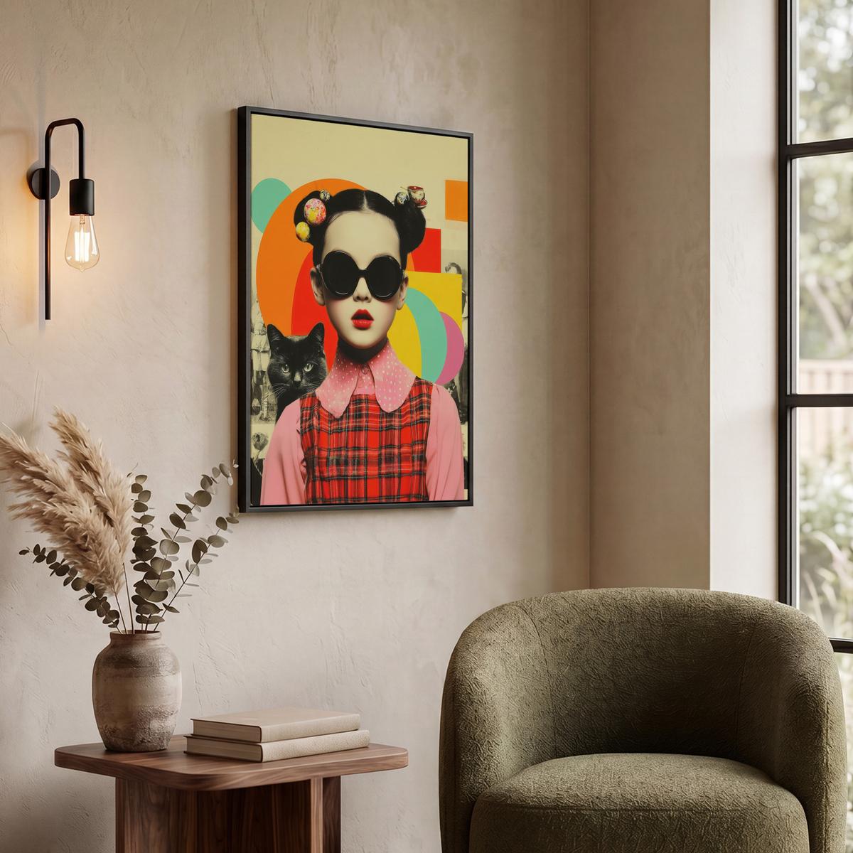 LEINWAND Bilder mit Rahmen - Mädchen - Sonnenbrille - Katze - Retro - 60x80 - Beige, Textil (60/80cm) - MuchoWow