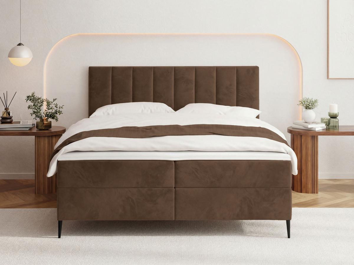 BOXBETT Allen mit Bettkasten, Samt Braun 180x200 cm – inkl. H4 Taschenfederkern Matratze & Foam Topper - Schwarz/Braun, Textil/Metall (180/200cm) - WFL GROUP