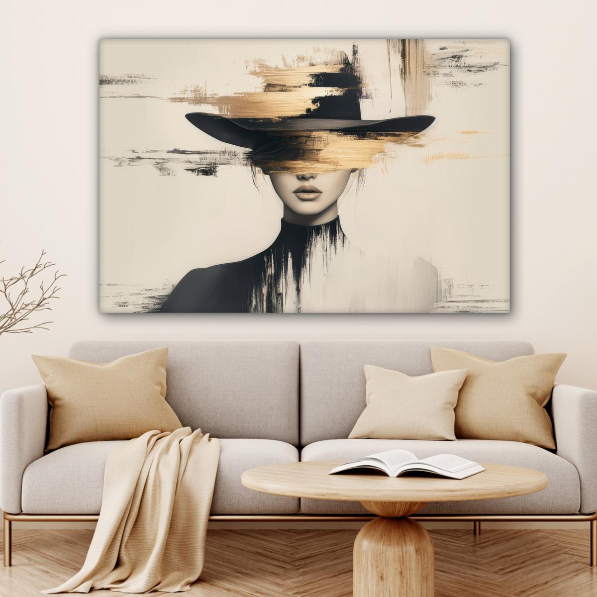 LEINWANDBILD Frau - Hut - Farbe Wohnzimmer Groß 120x80 cm - Goldfarben, Textil (120/80cm) - MuchoWow