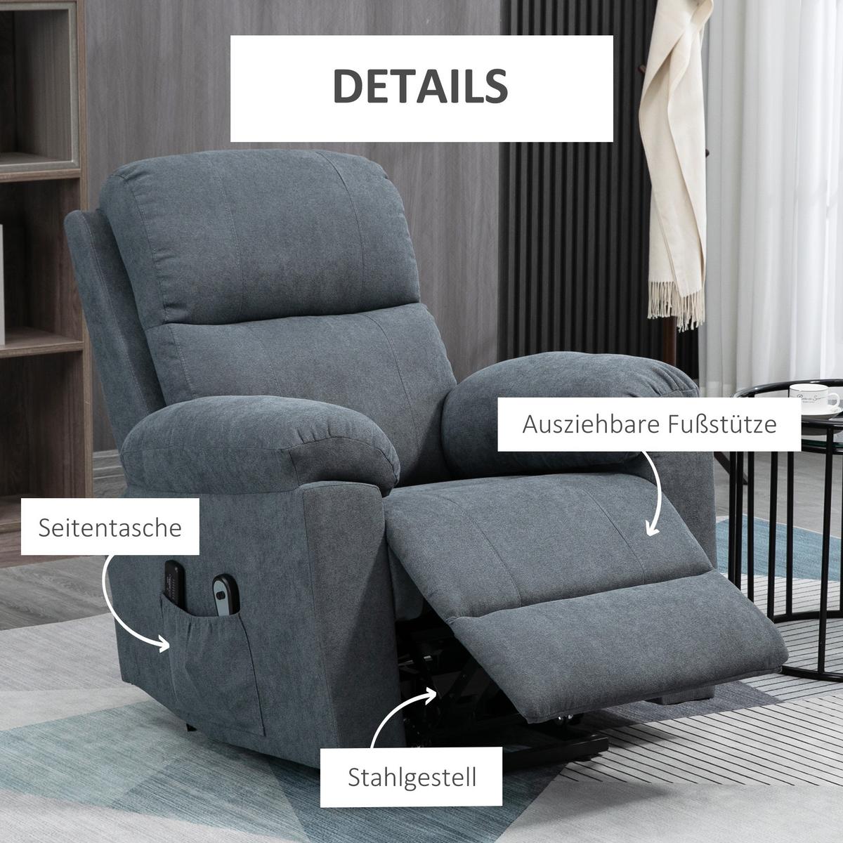 SESSEL mit Aufstehhilfe, Relaxsessel, Massagesessel mit Seitentasche, Leinen - Schwarz/Grau, Textil/Metall (99/103/89cm) - HOMCOM