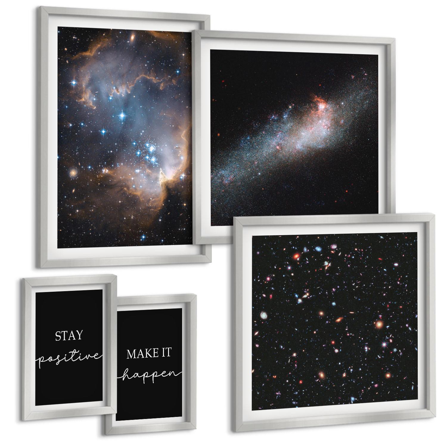 BILDER SET 5er Set - 50x50 cm & 20x30 cm & 40x60 cm Silberner Rahmen - Motivationsslogans Sterne Weltraum - Silberfarben, Kunststoff (40/60cm) - TULUP