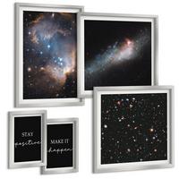 BILDER SET 5er Set - 50x50 cm & 20x30 cm & 40x60 cm Silberner Rahmen - Motivationsslogans Sterne Weltraum - Silberfarben, Kunststoff (40/60cm) - TULUP
