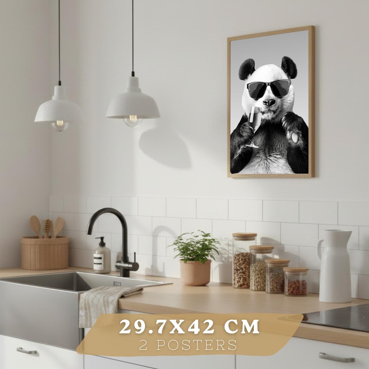 POSTER 4er Set Lustige Tiere Schwarz Weiß Wandbilder Hase Panda Golden Retriever Koch Küche Deko Leichter Holzrahmen A3 - Beige, Papier (29.7/1/42cm) - Nacnic