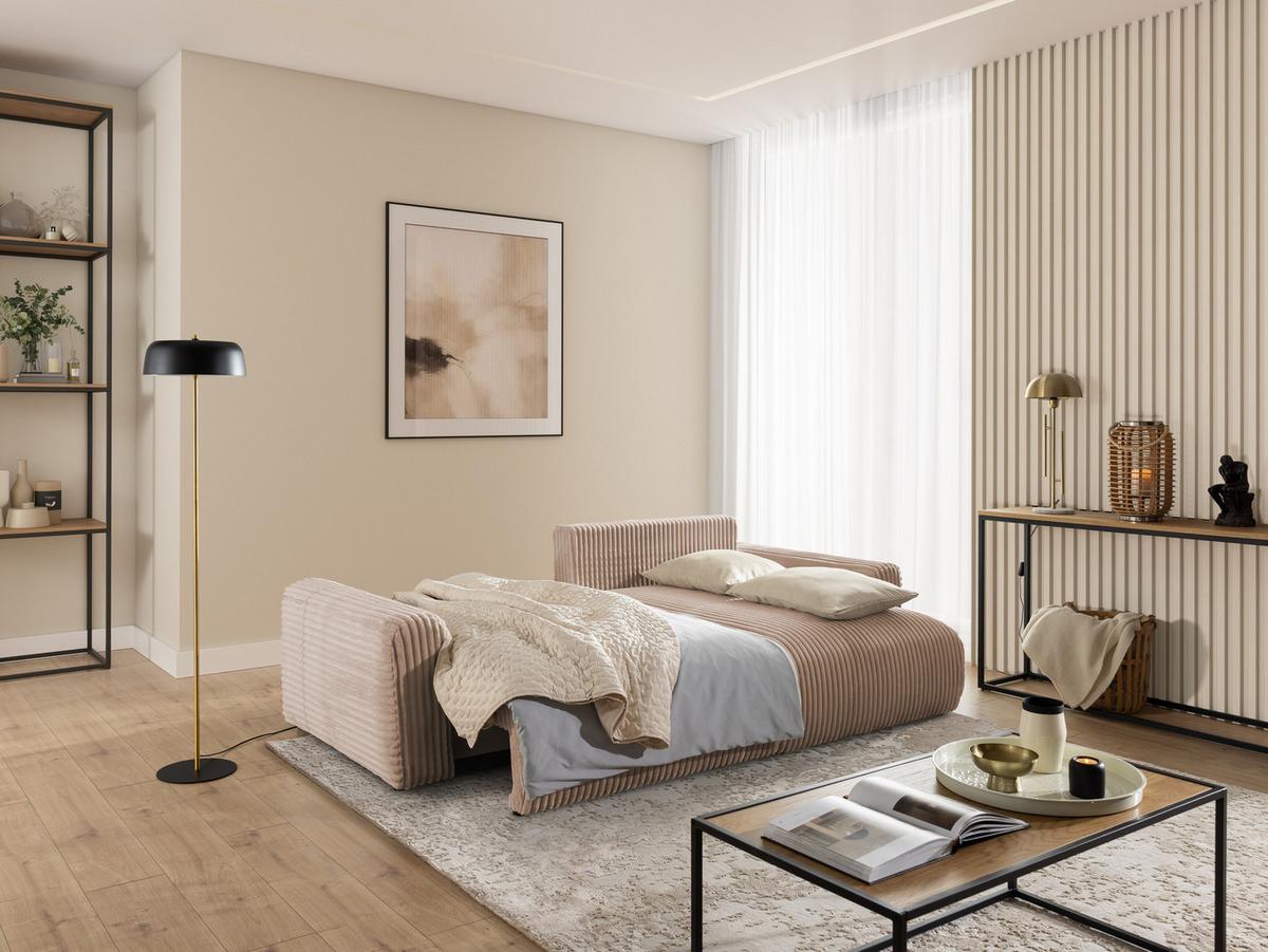 ECKSOFA Calma mit Schlaffunktion und Bettkasten im Bumpy-Design aus weichem Beige Plüschcord - Ottomane rechts - Beige/Schwarz, Holz/Kunststoff (140/239cm) - S-Style