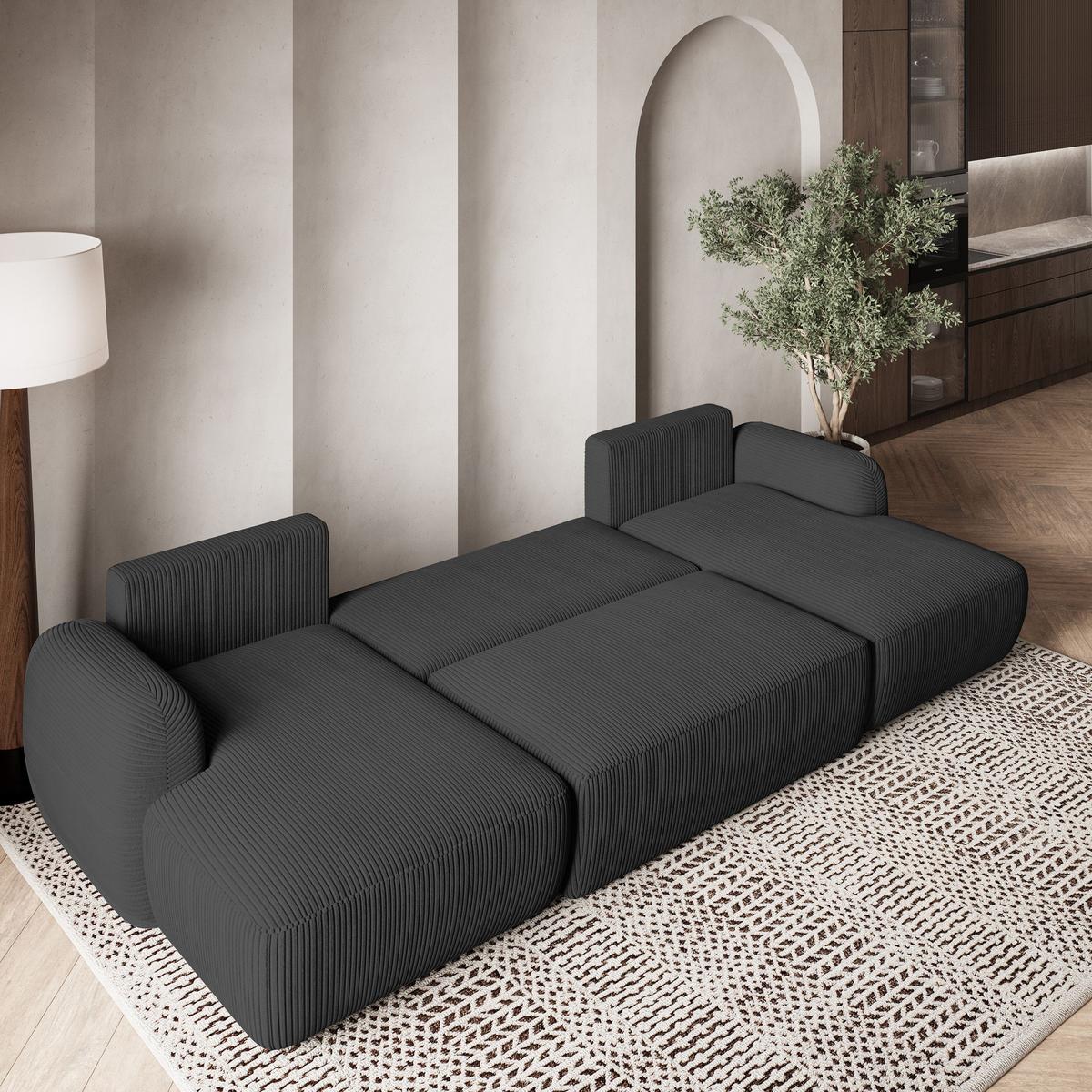 WOHNLANDSCHAFT SAVONA P Graphitfarben Kordstoff mit Schlaffunktion - Graphitfarben/Schwarz, Holz/Kunststoff (320/90/148cm) - MASSENO