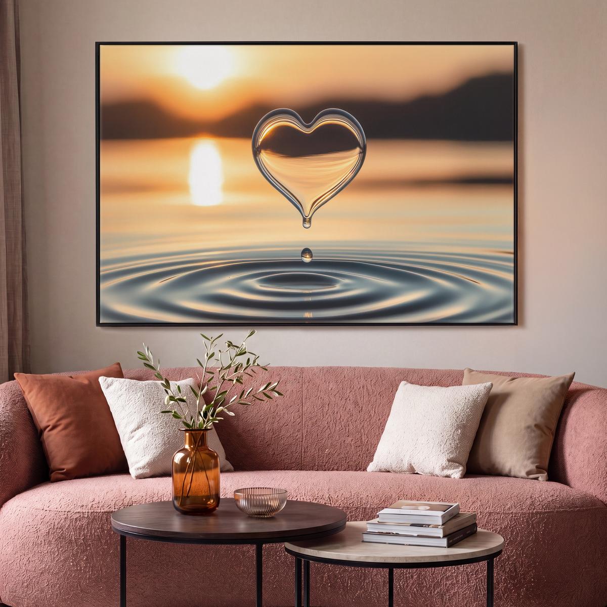 LEINWAND Bilder mit Rahmen - Herz - Wasser - Sonnenuntergang - Natur - Zen - 120x80 - Bernsteinfarben, Textil (120/80cm) - MuchoWow