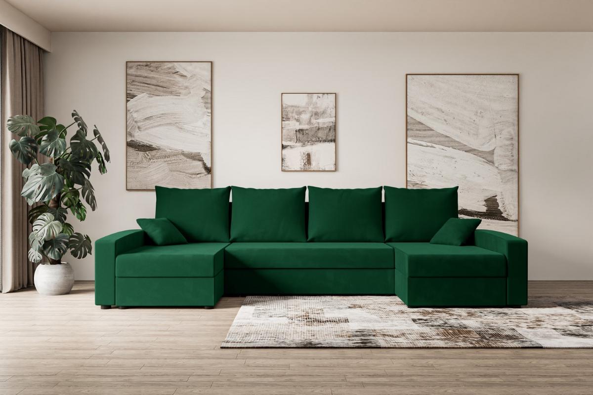 WOHNLANDSCHAFT mit Schlaffunktion und Bettkasten ALESIA-U 301x140x90 cm Grün Velours - Silberfarben/Grün, Holzwerkstoff/Kunststoff (301/90/140cm) - ALTDECOR