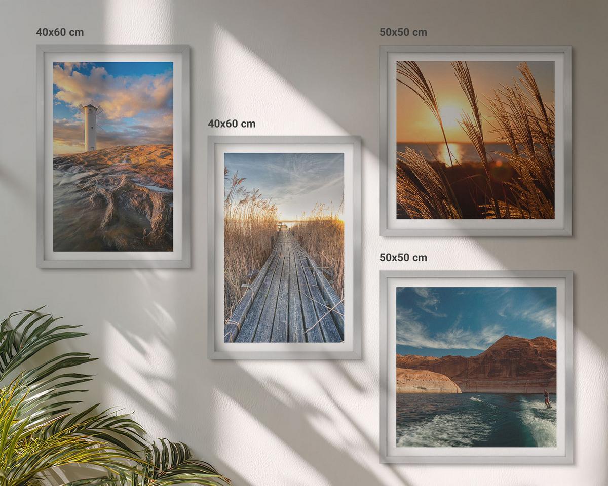 BILDER SET 4er Set - 50x50 cm & 40x60 cm Silberner Rahmen - Leuchtturm-Grassteg - Silberfarben, Kunststoff (50/50cm) - TULUP