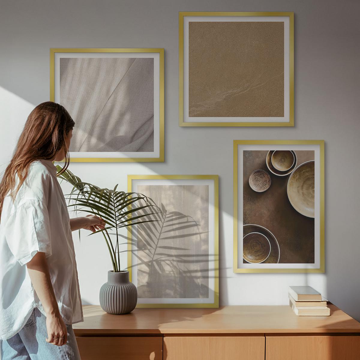 BILDER SET 4er Set - 50x50 cm & 40x60 cm Goldrahmen - Strukturen, Texturen, Minimalismus - Goldfarben, Kunststoff (50/50cm) - TULUP