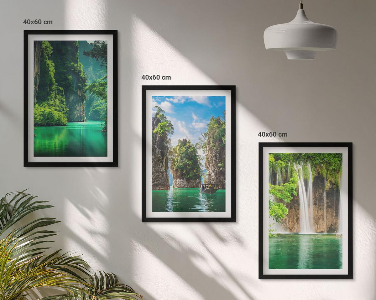BILDER SET 3er Set - 40x60 cm Schwarzer Rahmen - Grüne Landschaften, Wasserfälle - Schwarz, Kunststoff (40/60cm) - TULUP