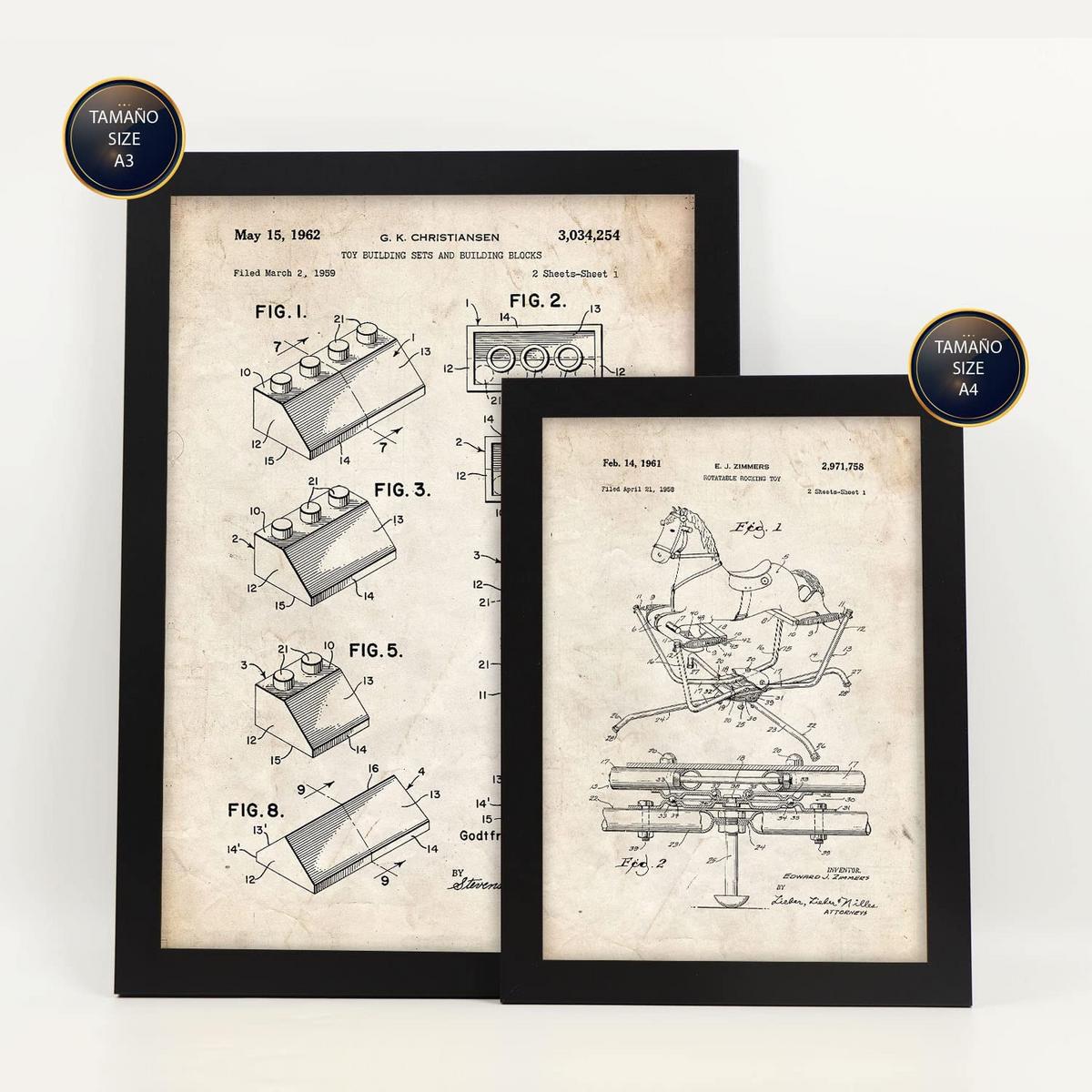 POSTER Set Mit 6 Plakaten Mit Spielzeuge Patenten Im Vintage Stil A3 & A4 Schwarzer Rahmen - Schwarz, Papier (29/3cm) - Nacnic