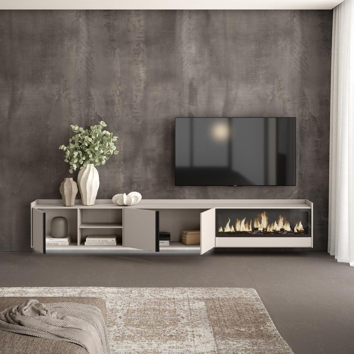 LOWBOARD, Beige, 315/35/50cm, Kamin mit Feuereffekt XXL - Beige, Holzwerkstoff (315/50/35cm) - Skraut Home