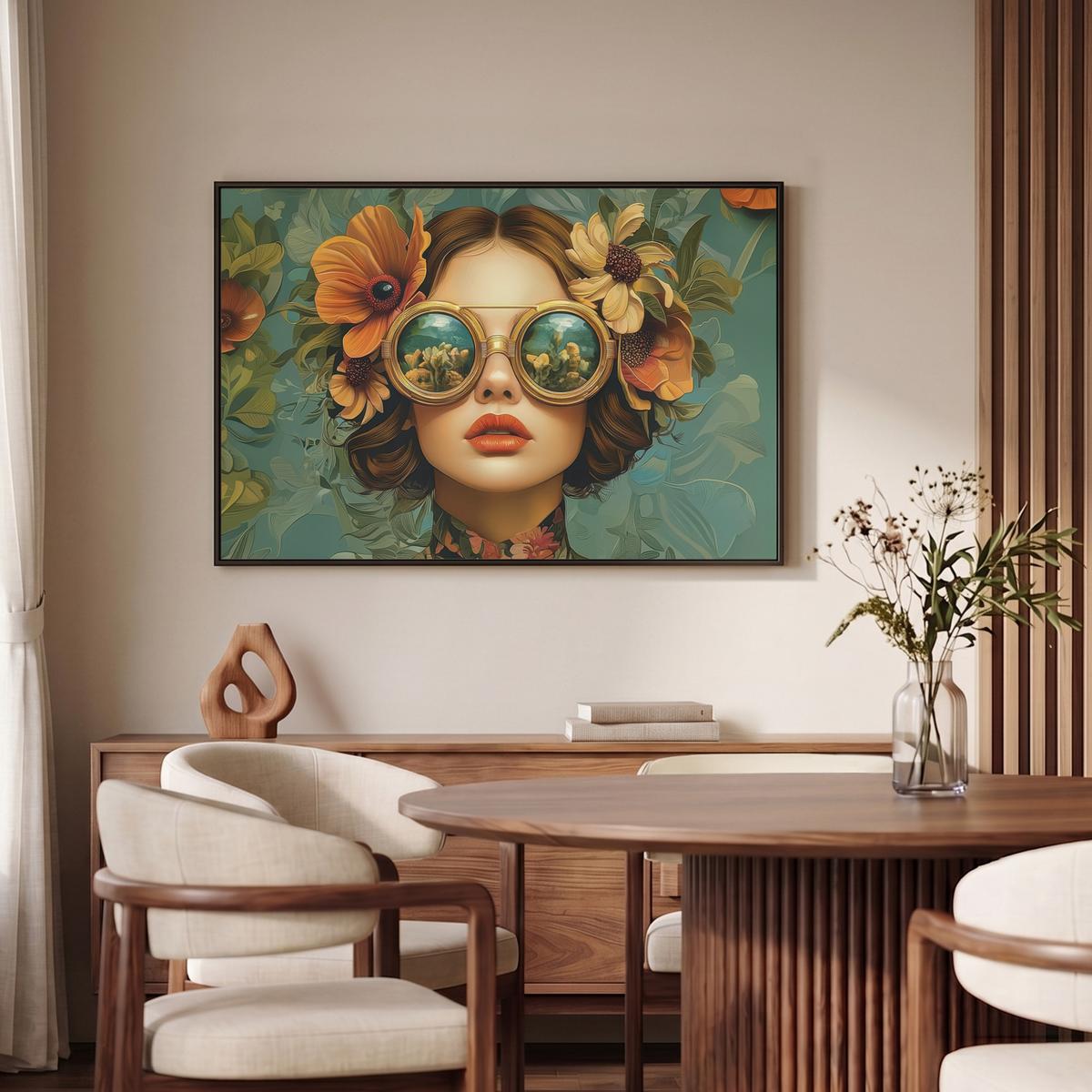 LEINWAND Bilder mit Rahmen - Frau - Blumen - Schmetterlinge - Natur - Vintage - 90x60 - Salbeigrün, Textil (90/60cm) - MuchoWow
