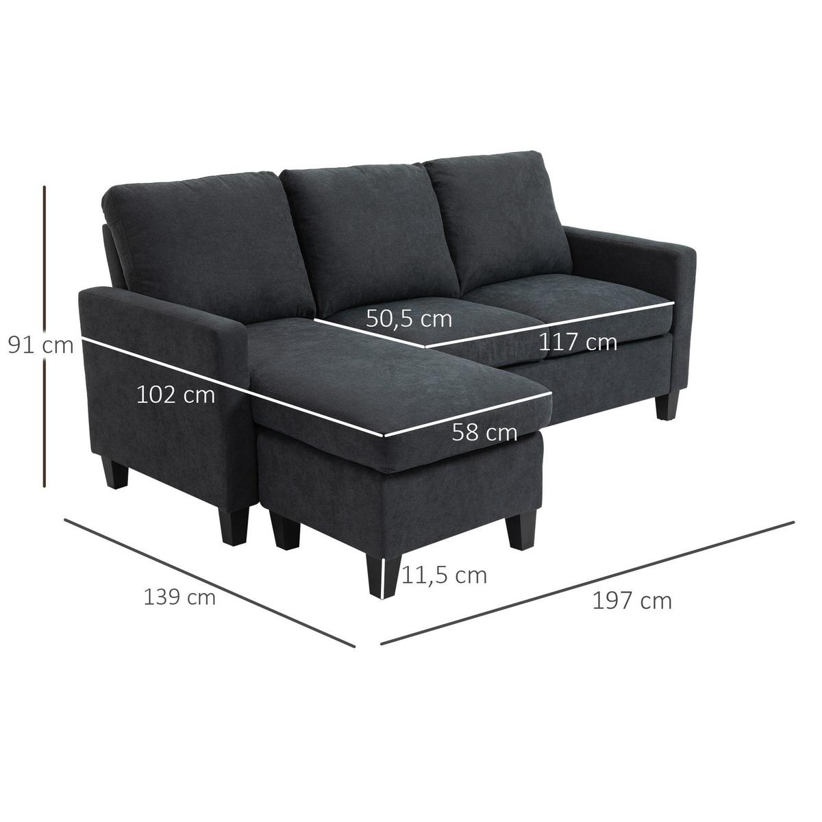 ECKSOFA L-Form Couchgarnitur mit wendbarer Chaiselongue Dunkelgrau - Dunkelgrau/Schwarz, Kunststoff/Textil (139/197cm) - HOMCOM