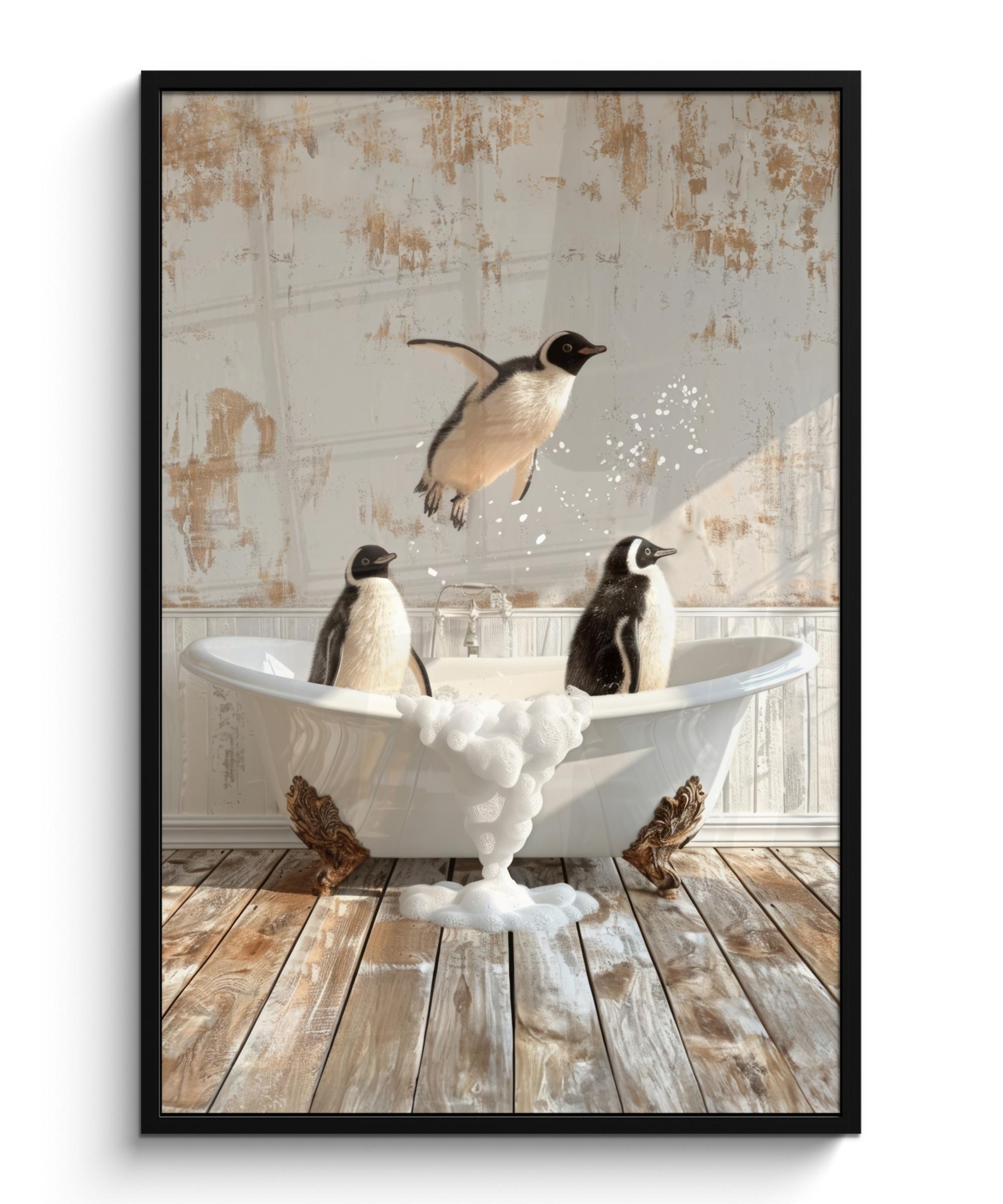 POSTER MIT RAHMEN Vintage - Pinguin - Badewanne - Schaumstoff Bilderleiste 80x120 cm - Schwarz, Papier (80/120cm) - MuchoWow