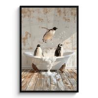 POSTER MIT RAHMEN Vintage - Pinguin - Badewanne - Schaumstoff Bilderleiste 80x120 cm - Schwarz, Papier (80/120cm) - MuchoWow