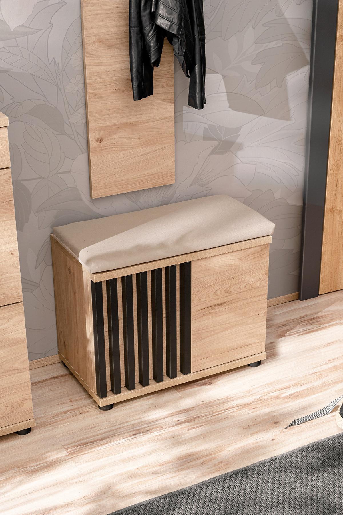 GARDEROBE Set 3-teilig Eiche Jackson, schwarz 140 cm, Garderobenkombination mit 3D-Lamellen - Eichefarben/Schwarz, Holzwerkstoff/Kunststoff (130/202/35cm) - Furn.Design