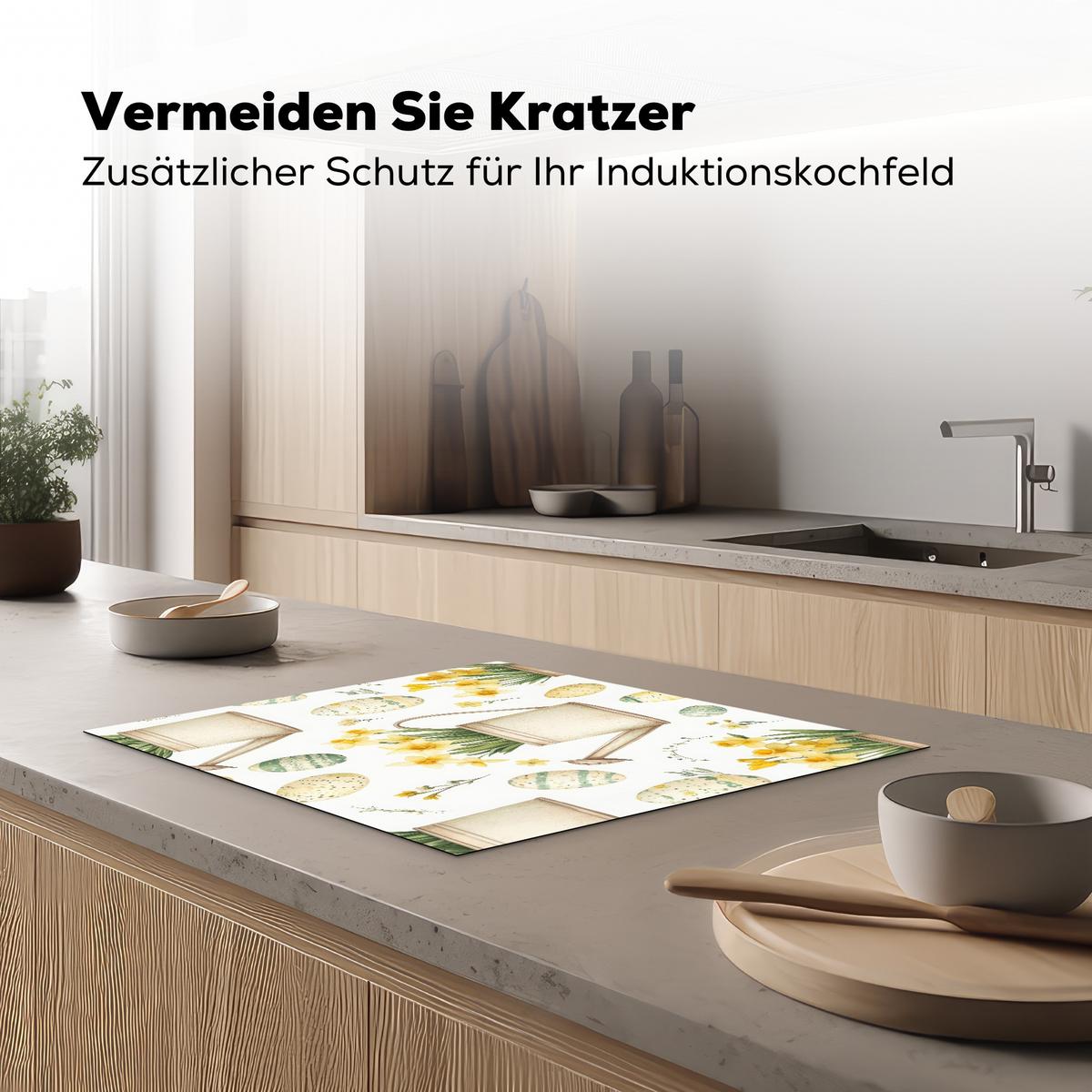 HERDABDECKPLATTE Gießkanne - Blumen - Eier Herdabdeckung Induktionsfeld 65x52 cm - Weiß, Kunststoff (65/52/0.2cm) - MuchoWow