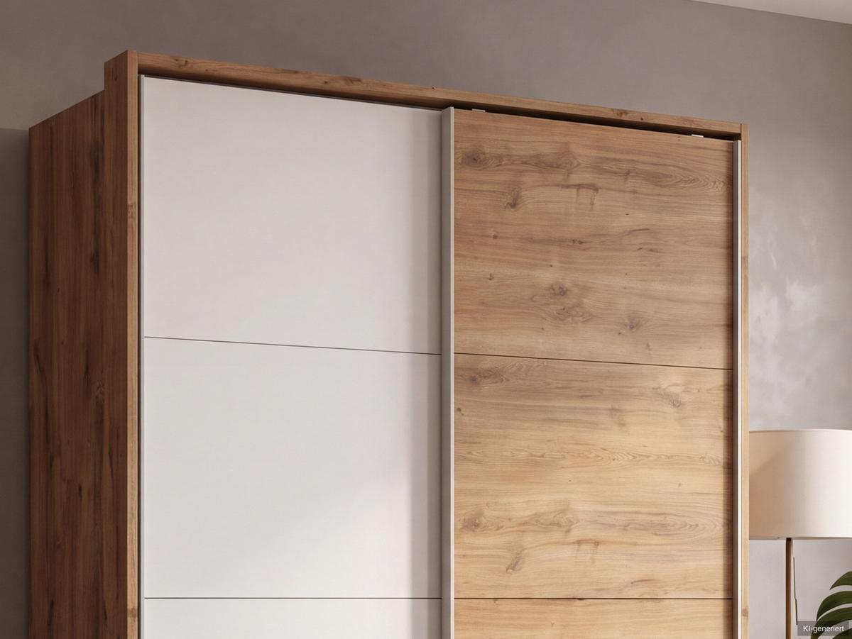 SCHWEBETÜRENSCHRANK 2-türig B138/H200/T65 cm, Passepartout-Kleiderschrank mit sichtbaren Schubkästen in Eiche Dekor, 1x Tür in Weiß / 22670 - Eichefarben/Alufarben, Holz/Holzwerkstoff (138/200/65cm) - luma-home