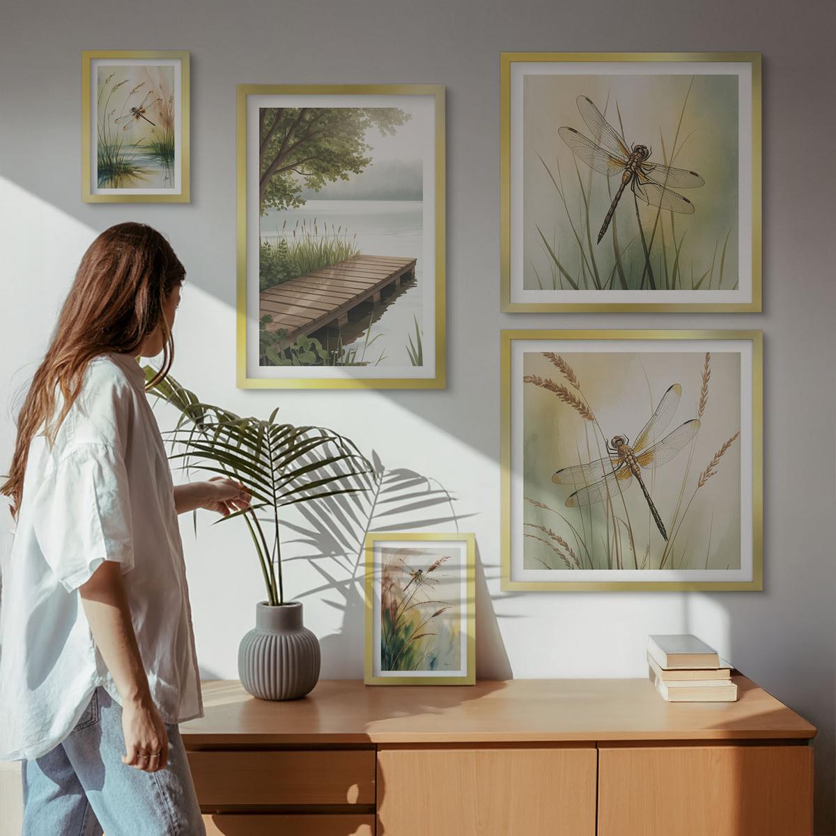 BILDER SET 5er Set - 50x50 cm & 20x30 cm & 40x60 cm Goldrahmen - Libellengräser über dem Wasser - Goldfarben, Kunststoff (40/60cm) - TULUP