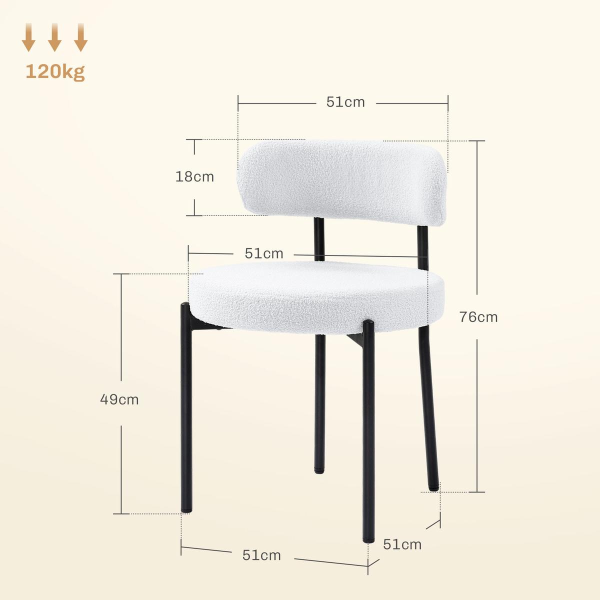 ESSSTÜHLE 2er Set Polyester Stahl Cremeweiß - Creme/Schwarz, Textil/Metall (51/76/51cm) - HOMCOM