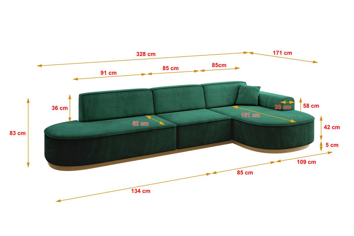 ECKSOFA Ottomane Rechts MARI-L2-v2 - 328x171x83 cm Grün Velours - Grün, Holzwerkstoff/Textil (171/328cm) - ALTDECOR