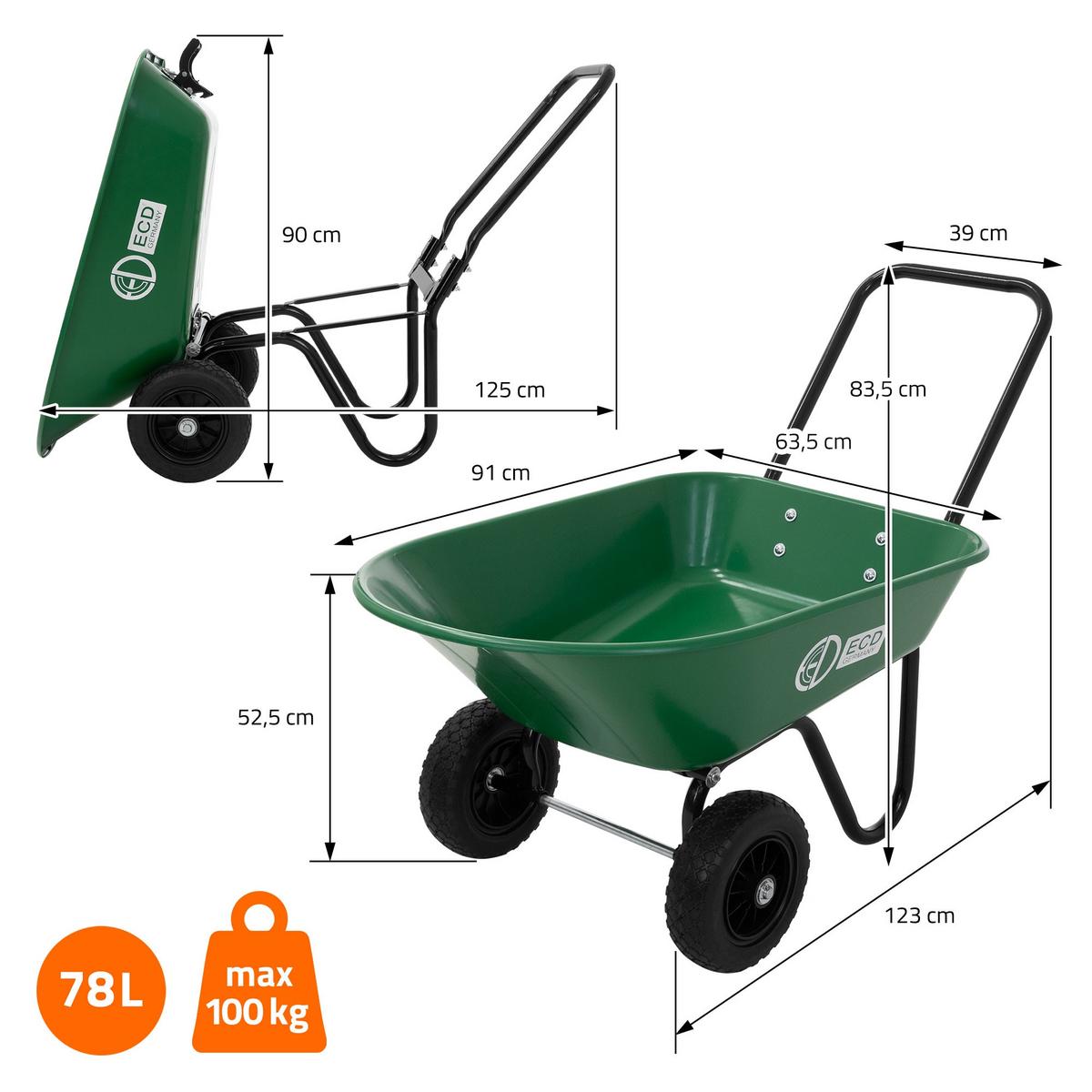 SCHUBKARRENWAGEN 78L mit Kippfunktion, Stahlrahmen, 2x PU-Reifen & PP-Wanne - Grün, Metall (63.5/83.5/123cm) - ECD-Germany