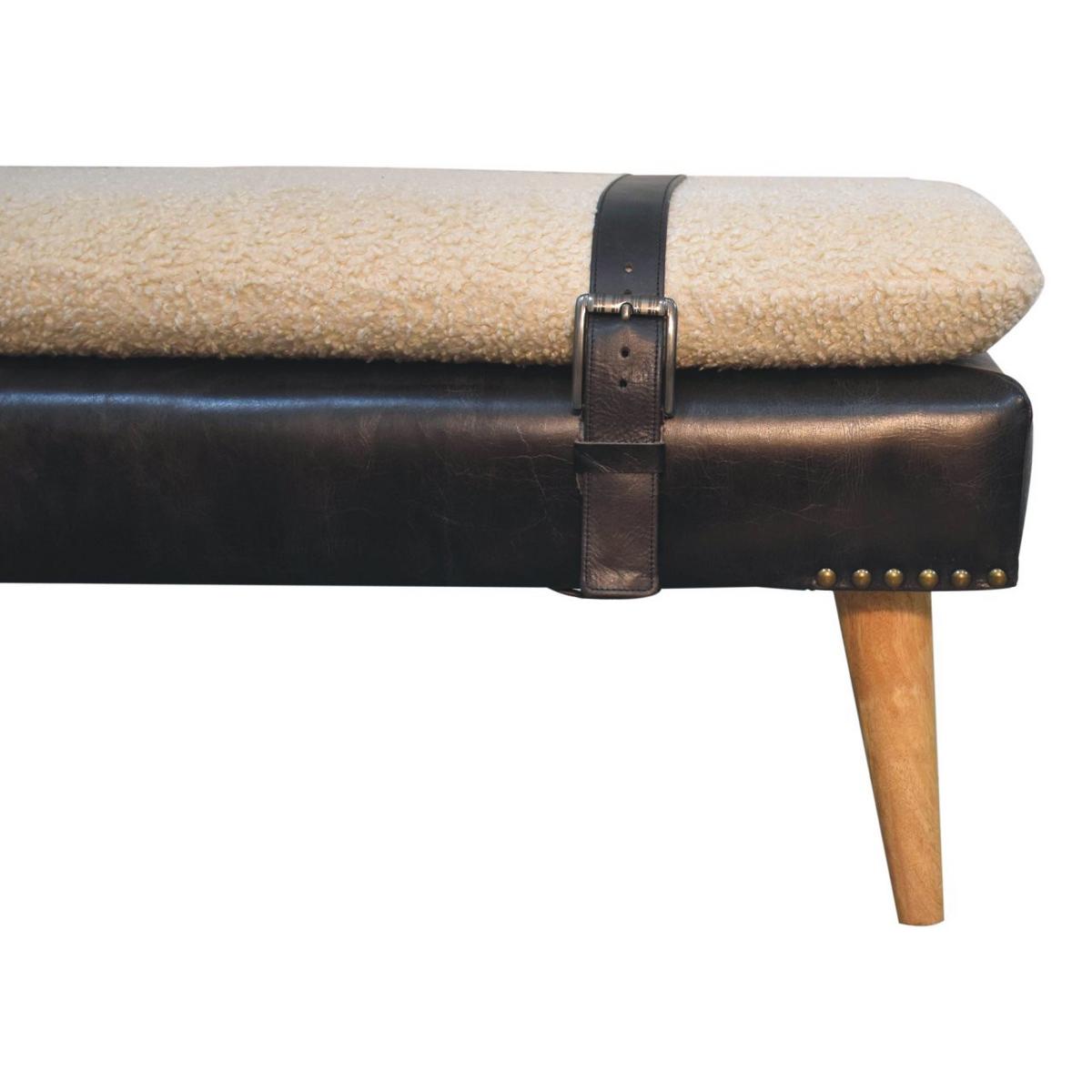 BANK Bouclé Büffelleder Schwarz, Gürtelriemen-Design, Braun - Braun, Holz (90/40/35cm) - Artisan Furniture