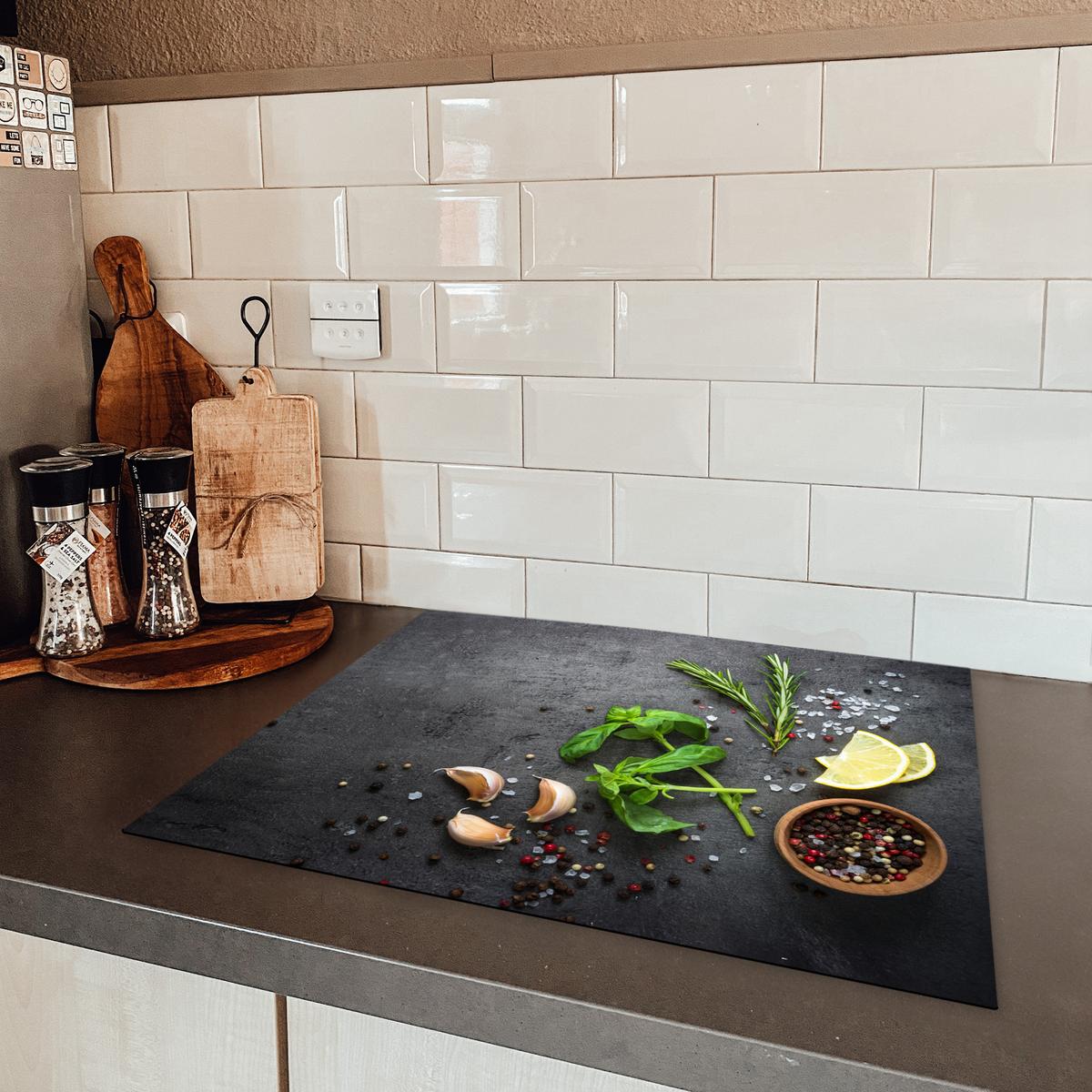 HERDABDECKPLATTE Limette - Kräuter - Gewürze - Grün - Grau - Beton Herdabdeckung Induktionsfeld 65x52 cm - Grün, Kunststoff (65/52/0.2cm) - MuchoWow