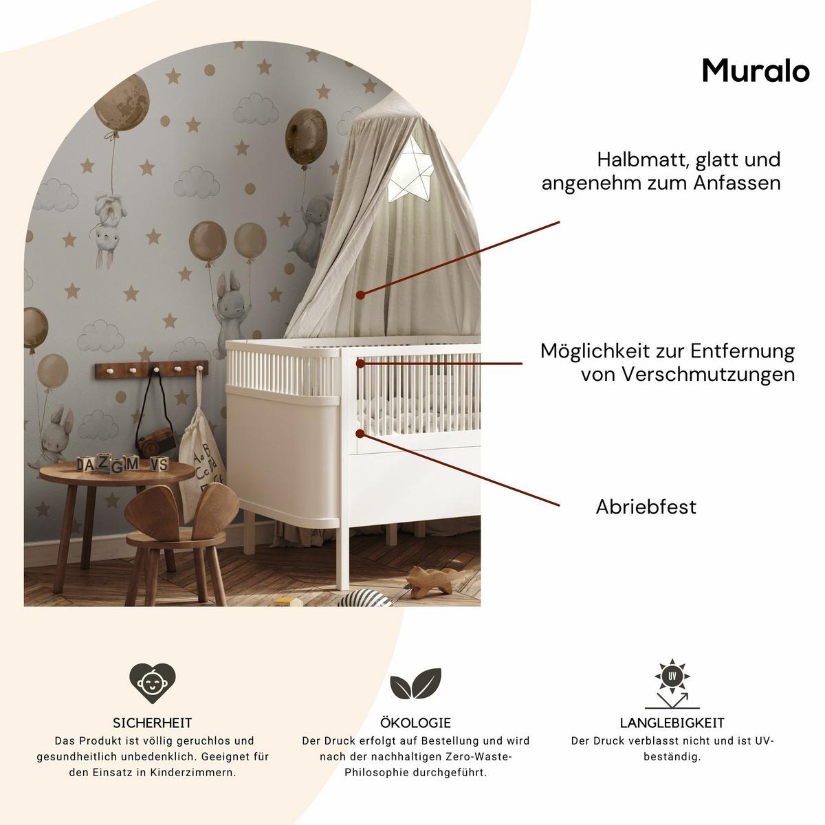 WANDAUFKLEBER SET Hasen Ballons Wolken Sterne 120x60 - Beige/Braun, Papier (120/60/1cm) - Muralo