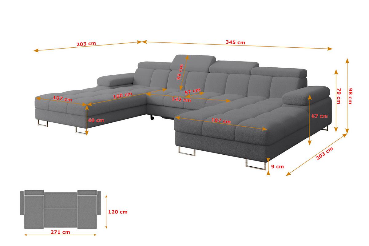 WOHNLANDSCHAFT mit Schlaffunktion und Bettkasten COMA U2 345x203x79 Grau Bouclé - Chromfarben, Holzwerkstoff/Textil (345/79/203cm) - ALTDECOR