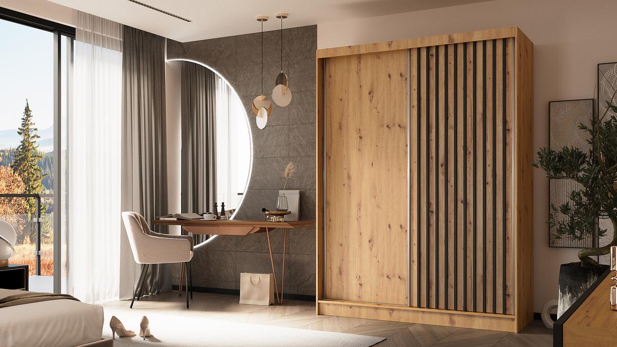 KLEIDERSCHRANK mit furnierten Schiebetüren und Aluminium-Leisten - LABELO - 160 cm Artisan+Artisan+Schwarz - Schwarz/Eiche Artisan, Holzwerkstoff (160/216/61cm) - ALTDECOR
