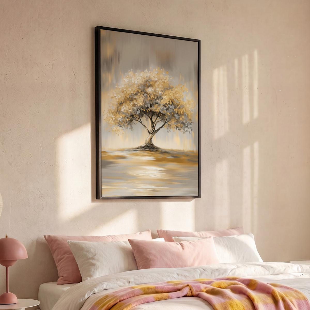 LEINWAND Bilder mit Rahmen - Gemälde - Baum - Abstrakt - Blätter - 100x150 - Beige, Textil (100/150cm) - MuchoWow