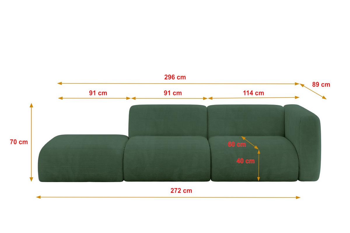 SOFA Ottomane Rechts MIRA-S3 296x89x70 Grün Cord - Salbeigrün/Schwarz, Holzwerkstoff/Kunststoff (296/70/89cm) - ALTDECOR