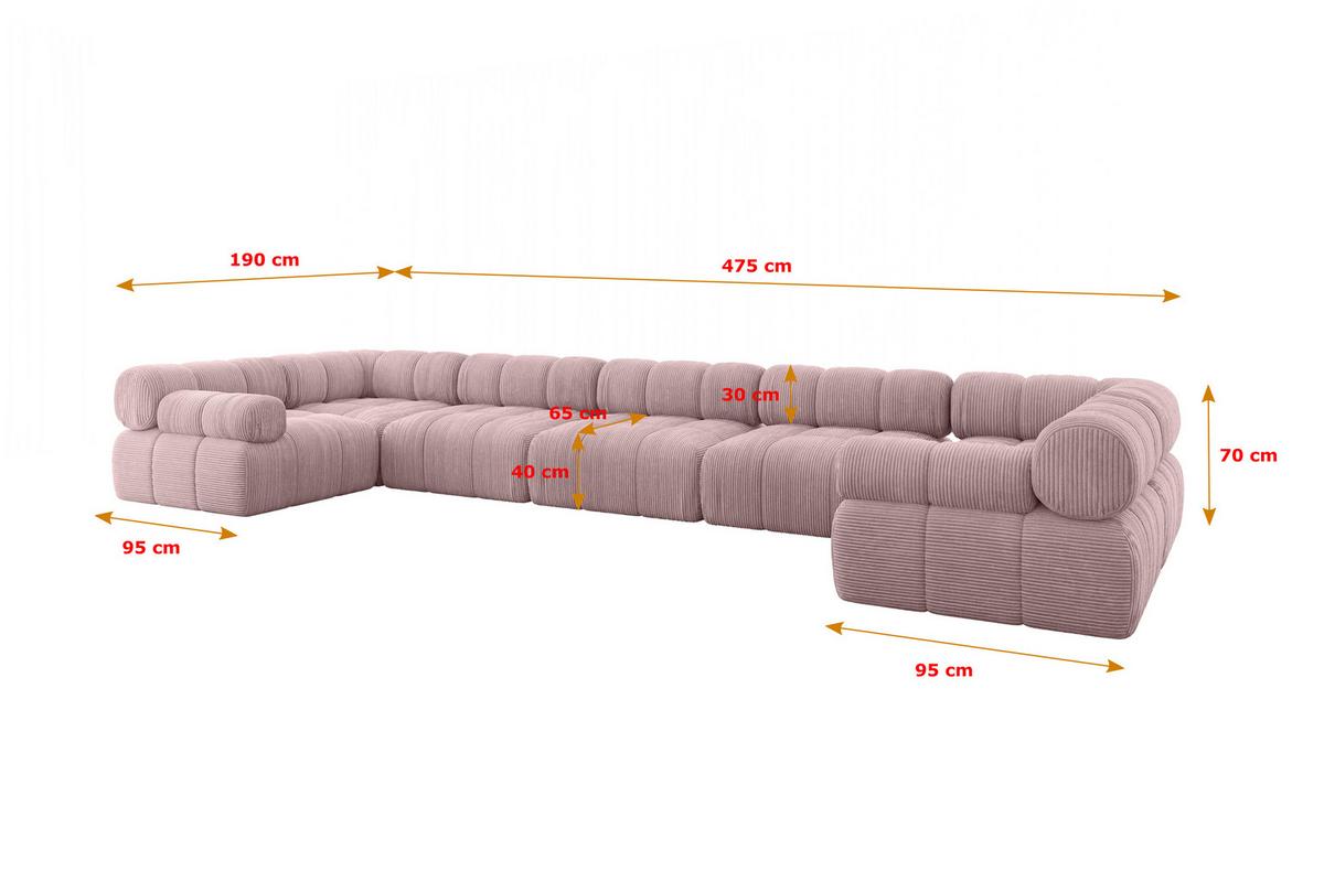 WOHNLANDSCHAFT modulares Sofa Birno-U3 - 475x190x70 cm Rosa Cord - Rosa, Holzwerkstoff/Textil (475/70/190cm) - ALTDECOR