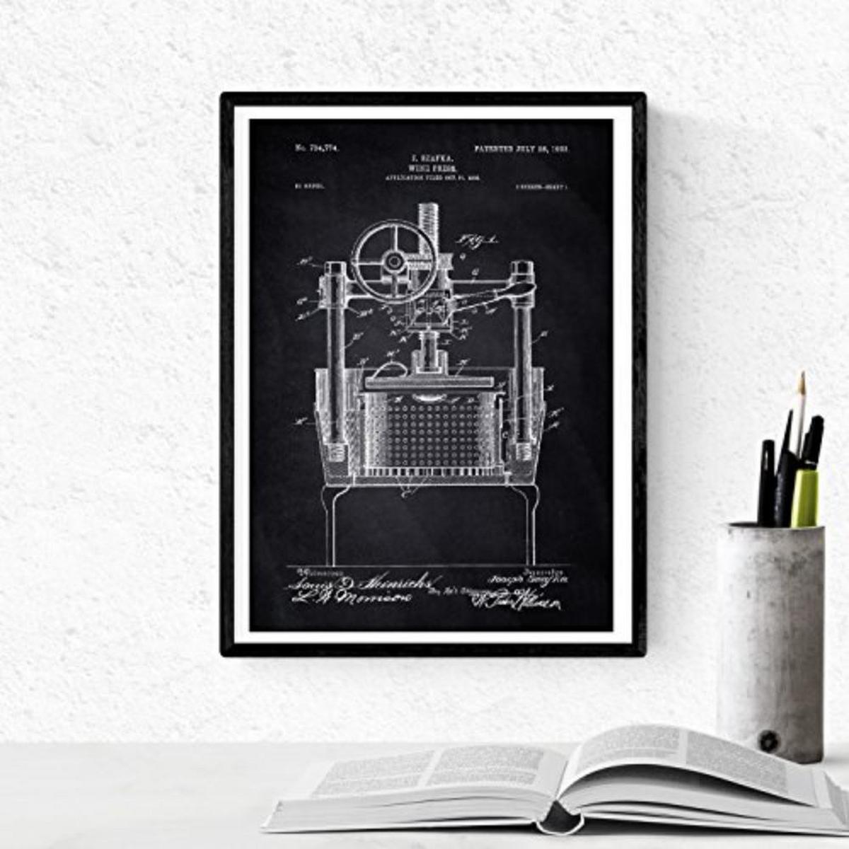 POSTER Set mit 4 Schwarz Patenten Wein A4 Schwarzer Rahmen - Schwarz, Papier (29.7/3cm) - Nacnic