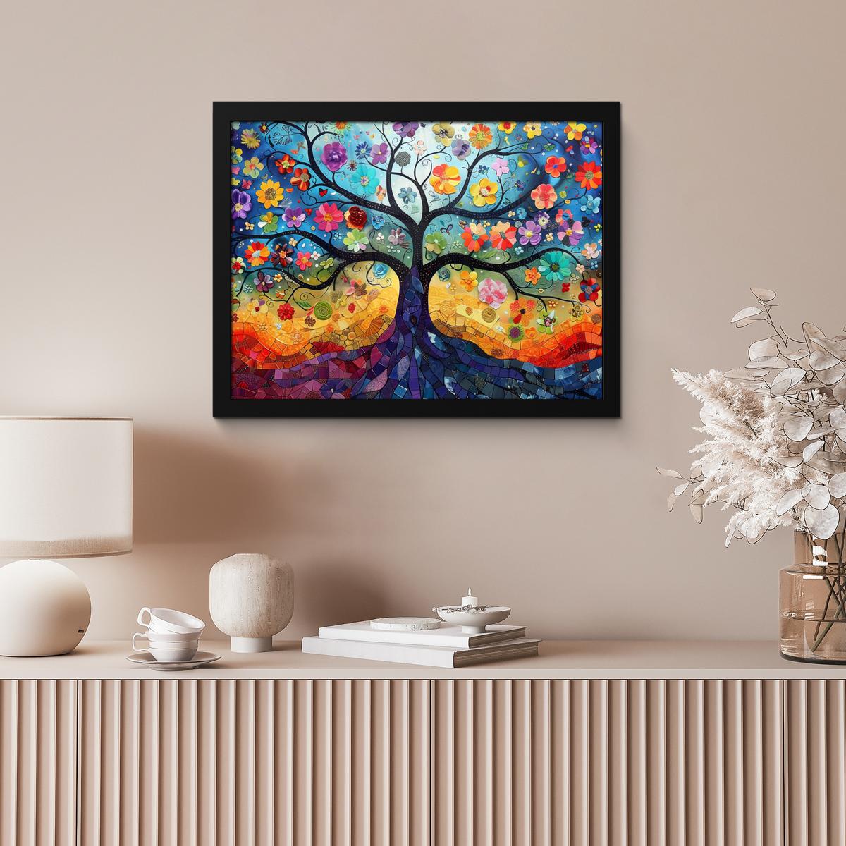POSTER MIT RAHMENGERAHMTES BILD Kunst - Baum des Lebens - Blumen - Hippie 40x30 cm - Dunkelblau, Papier (40/30cm) - MuchoWow