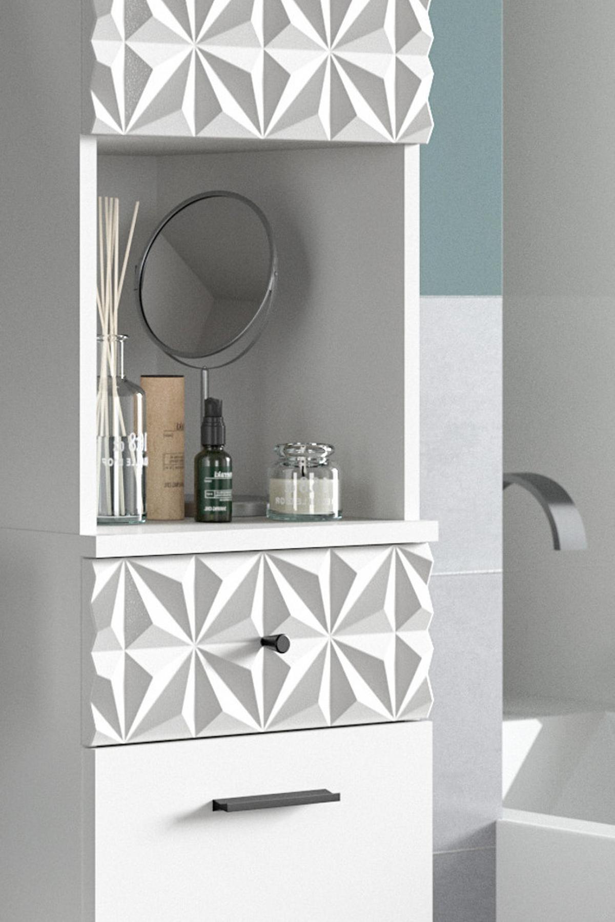 HOCHSCHRANK weiß Hochglanz 35 cm, Badschrank mit 3D-Struktur - Weiß Hochglanz/Schwarz, Holzwerkstoff/Kunststoff (35/187/34cm) - Inn.Furn