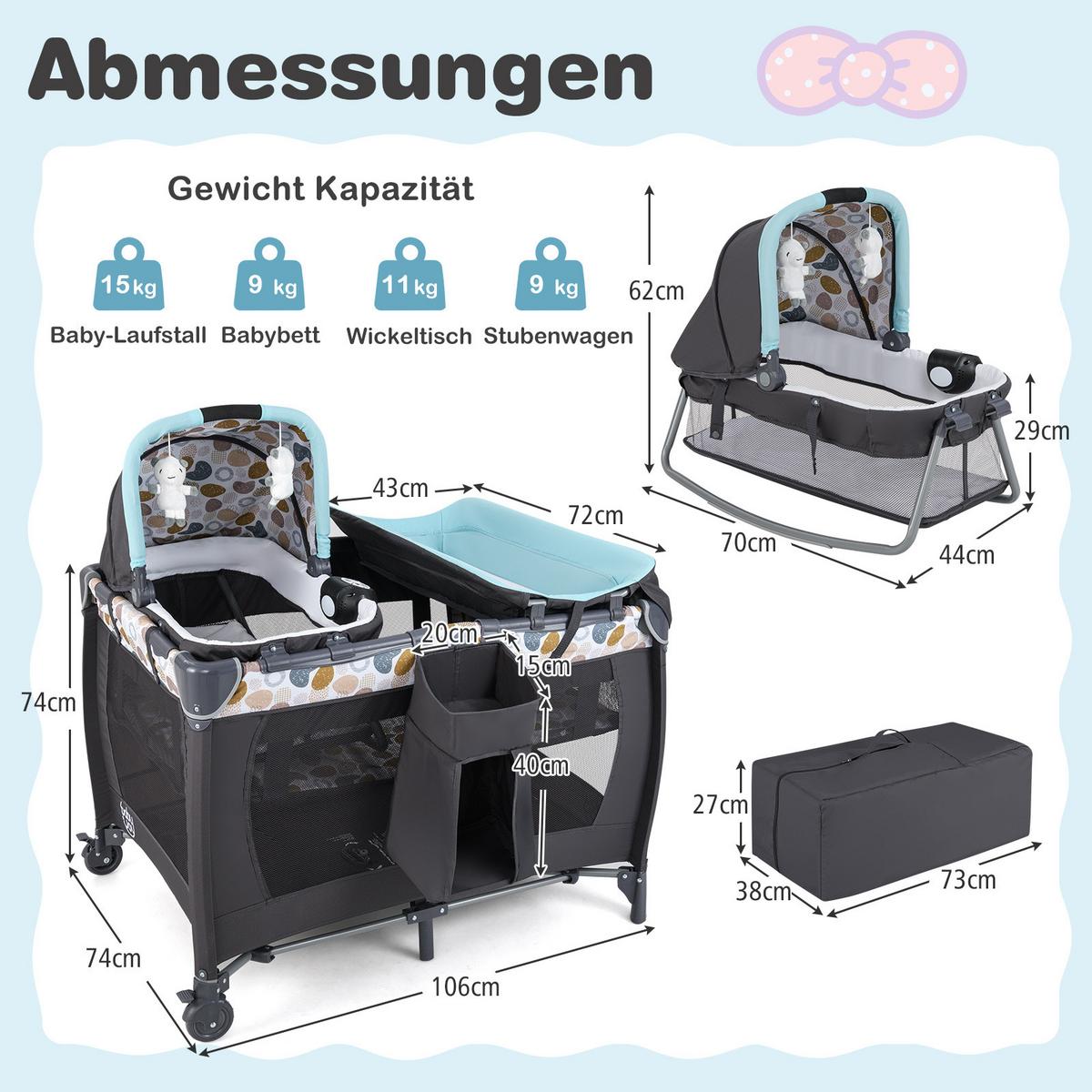 BABYBETT mit Matratze blau - Blau, Textil - COSTWAY