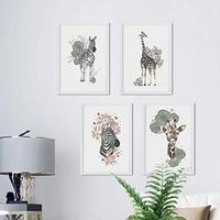 POSTER Set mit 4 GiraffenzebraKlinge, Blumen und Pflanzen aus dem Dschungel A4 Schwarzer Rahmen - Schwarz, Papier (29.7/3cm) - Nacnic