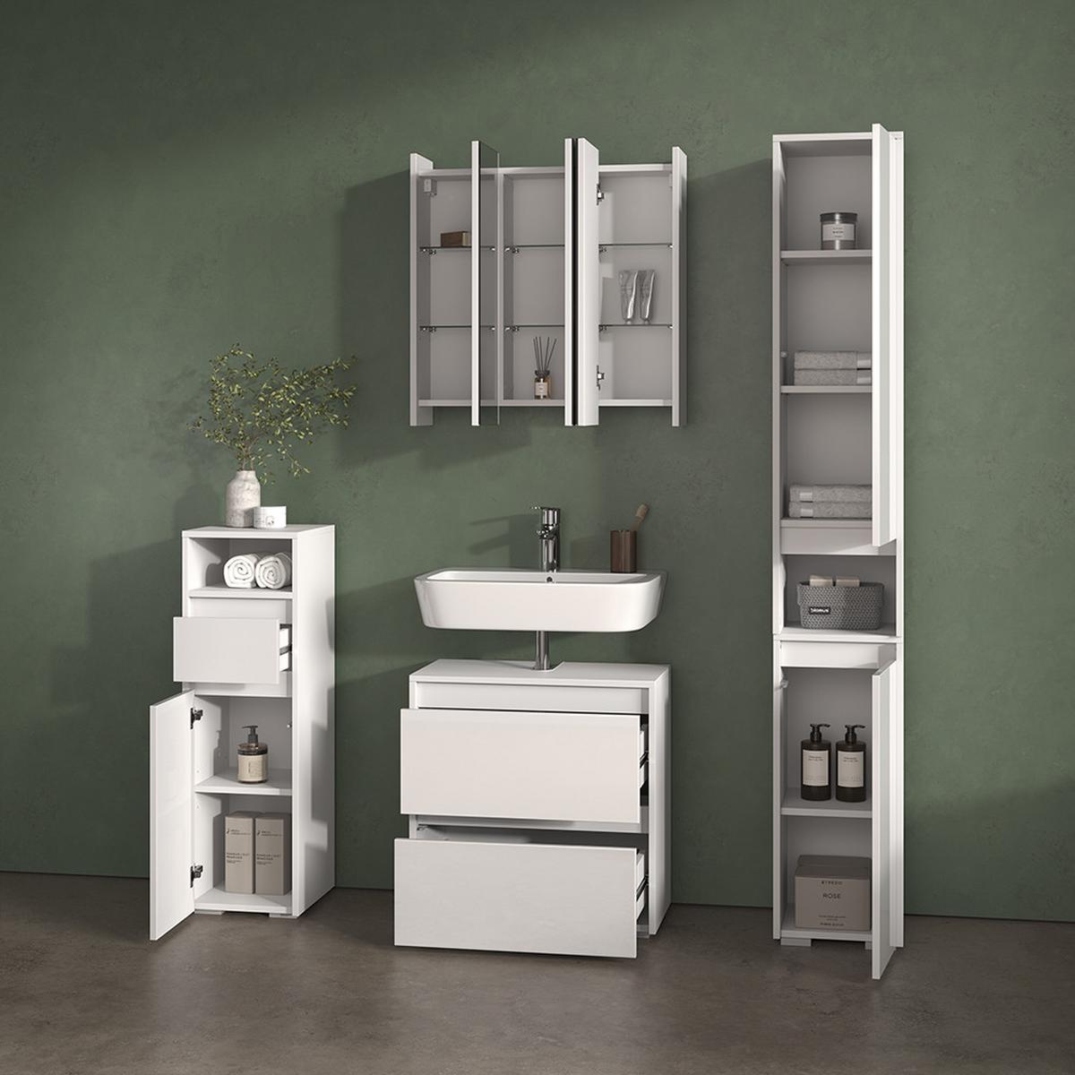 BADSCHRANK Savuto Weiß 30.2 x 191.5 cm mit Türen und offenem Fach - Weiß, Holzwerkstoff (30.2/191.5/30cm) - Livinity®