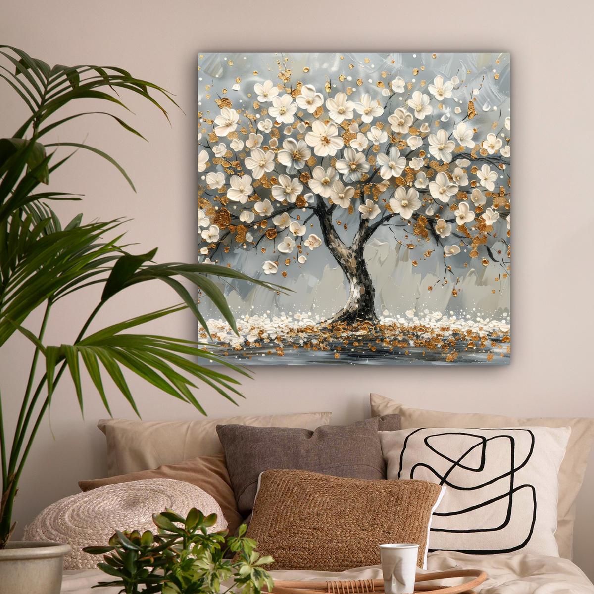 LEINWANDBILD Baum - Blumen - Weiß - Natur - Kunst Deko Groß 90x90 cm - Weiß, Textil (90/90cm) - MuchoWow