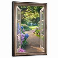 LEINWAND Bilder mit Rahmen - Aussicht - Garten - Fenster - Hortensie - Blumen - 60x90 - Pastellblau, Textil (60/90cm) - MuchoWow