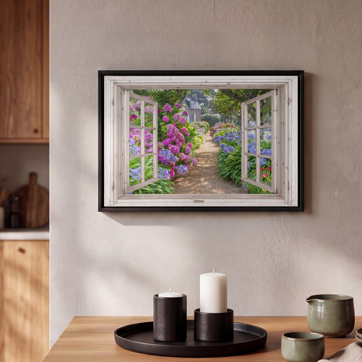 LEINWAND Bilder mit Rahmen - Hortensie - Durchsichtig - Blumen - Sommer - Lila - Weg - 30x20 - Lila, Textil (30/20cm) - MuchoWow
