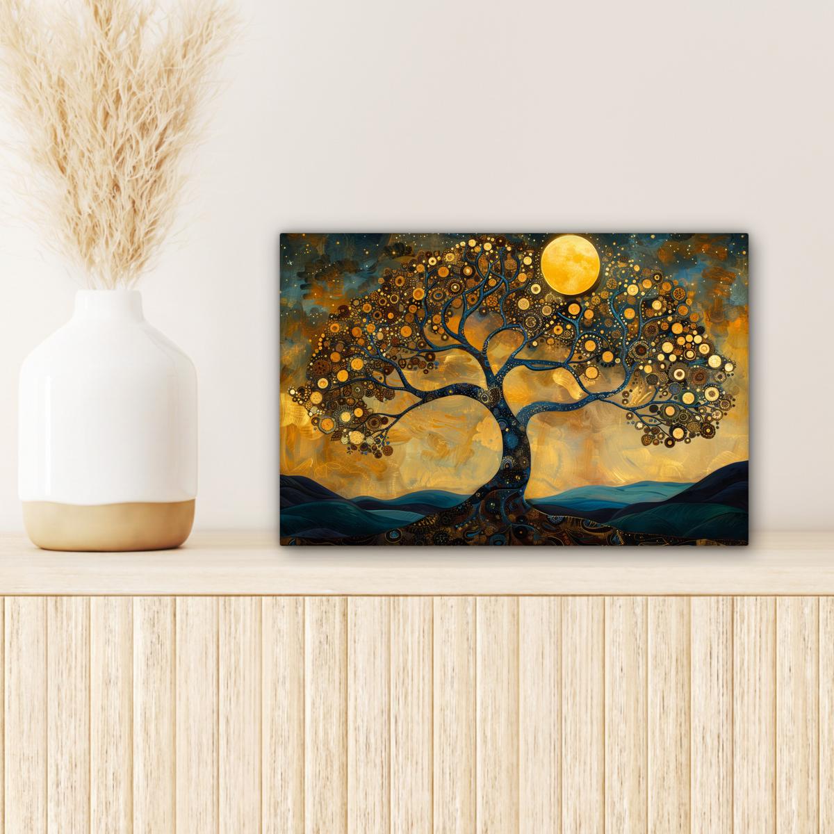 LEINWANDBILD Baum - Mond - Blumen - Gold - Kunst Deko Schlafzimmer 30x20 cm - Orange, Textil (30/20cm) - MuchoWow
