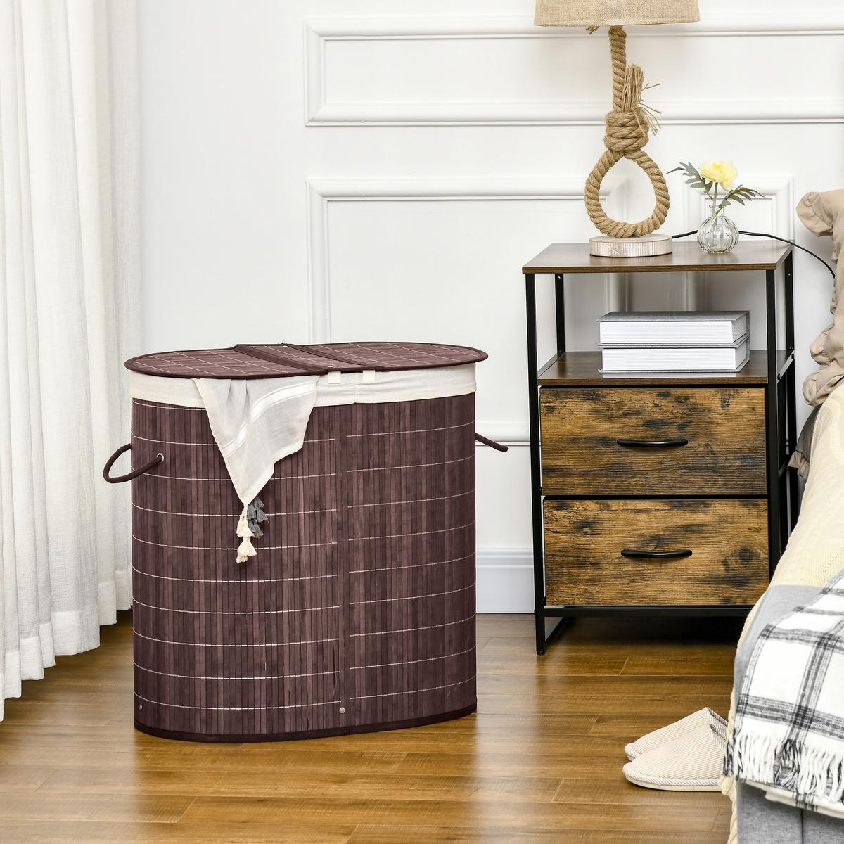 WÄSCHEKORB Wäschebox 100L Wäschesammler mit Deckel, 2 Wäschesäcken, Bambus - Braun, Naturmaterialien (37/60.5/62.5cm) - HOMCOM