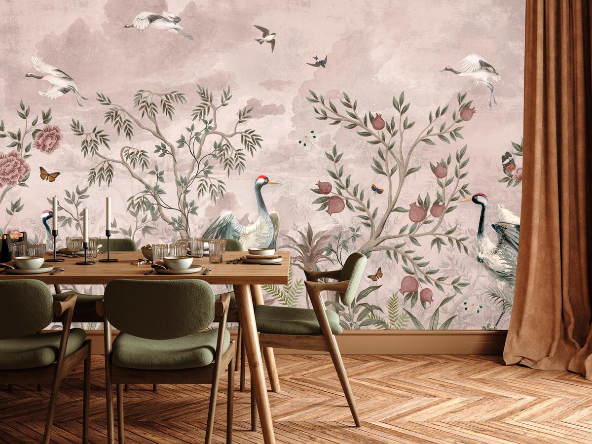 FOTOTAPETE für Schlafzimmer Kraniche Bäume Tropische Blumen Büsche 500x350 - Beige/Rot, Papier (500/350cm) - Muralo