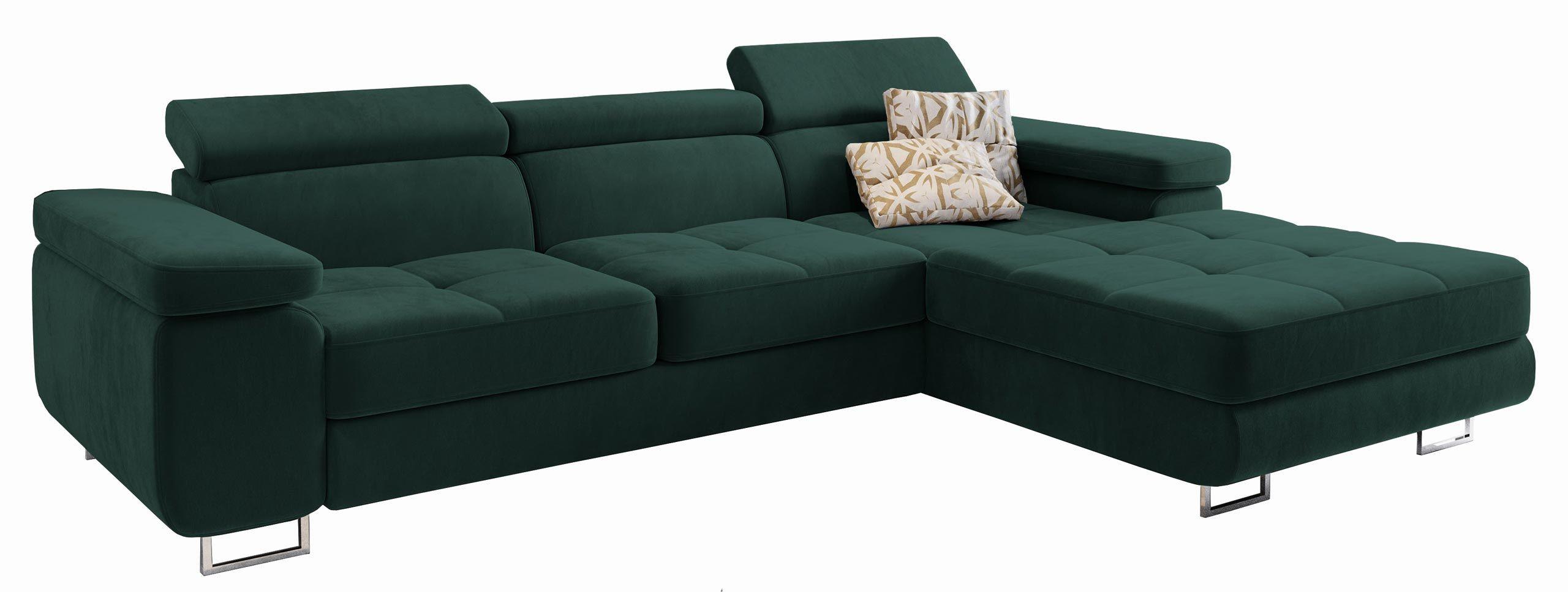 ECKSOFA ELMA R-S Grün Velours-Stoff mit Schlaffunktion - Silberfarben/Grün, Holz/Textil (280/205cm) - MASSENO