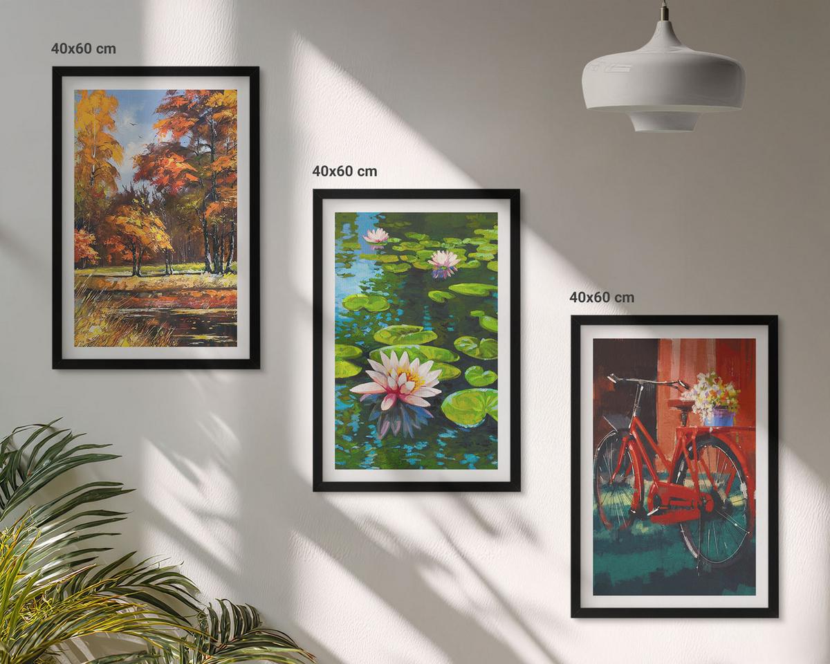 BILDER SET 3er Set - 40x60 cm Schwarzer Rahmen - Herbstfarbene Lilienterrasse - Schwarz, Kunststoff (40/60cm) - TULUP
