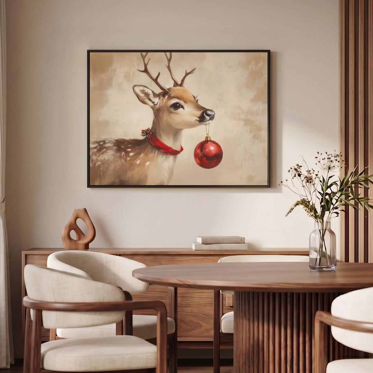 LEINWAND Bilder mit Rahmen - Weihnachten - Hirsch - Geweih - Weihnachtskugel - Rentier - 100x70 - Hellbraun, Textil (100/70cm) - MuchoWow